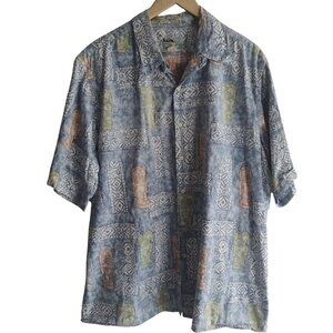 Reyn Spooner Hawaiian Shirt XXL Cotton Blue Reverse Tiki Print Camp Button Front
